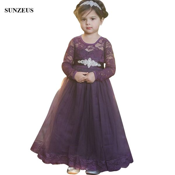 Acheter Raisin Pourpre Enfants Robe De Soirée A Ligne Dentelle à Manches Longues Etage Longueur Enfants Porter Vêtements De Soirée à Long Tulle Filles