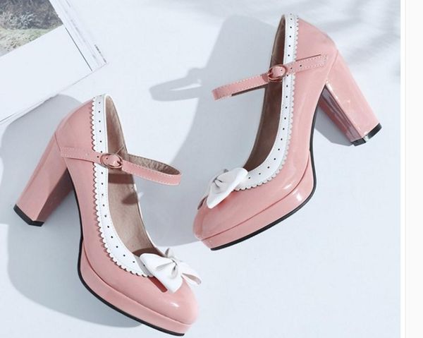 

send waterproof table coarse heel high-heeled single shoes big size women shoes 40--46 small code 32--33, Black