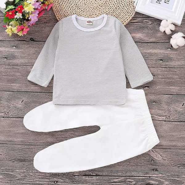 

3-24m toddler newborn baby boy girl clothes casual long sleeves stripe t-shirt pants set outfit 2pcs kids clothing set, White