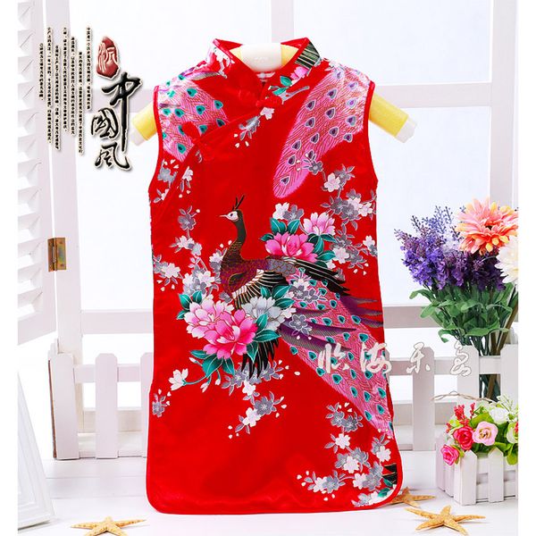 

10color 90-140cm teenager girls wedding dress satin silk soft oriental chinese traditional costumes cheongsams qipao tang suit, Red