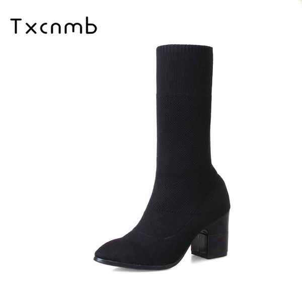 

txcnmb 2018 new winter new women's genuine leather mid calf boots wool boots with fashion motorcycle women plus size 9 11, Black