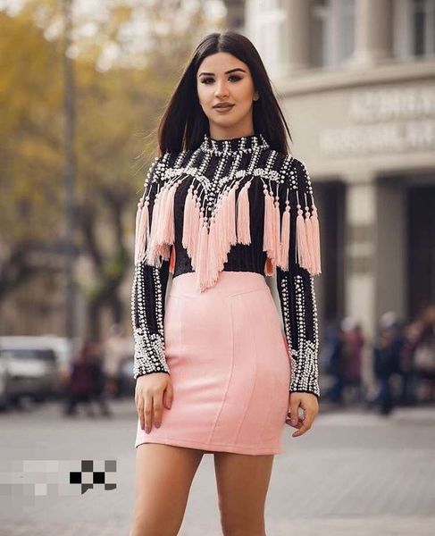 

black and pink patchwork beads tassels dress bodycon 2018 fashion women party mini dresses vestidos, White;black