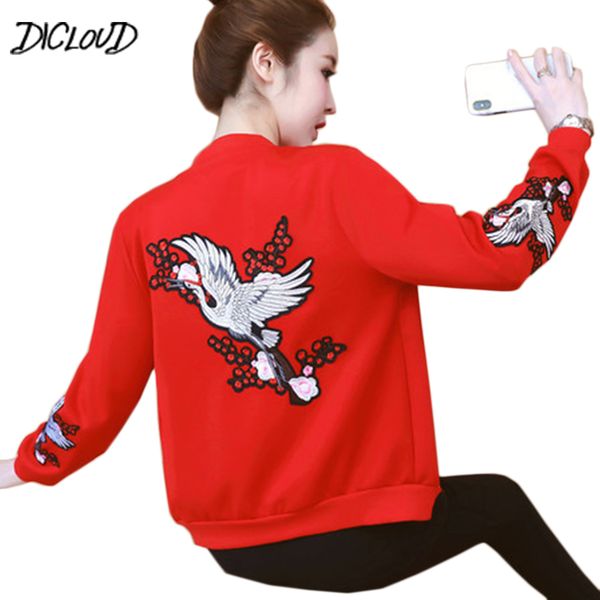 

2018 fashion embroidered baseball jacket women harajuku autumn long sleeves slim plus size coat woman casual red black outerwear, Black;brown