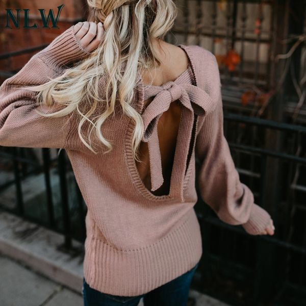 

nlw computer knitted bow backless winter party sweater thick needles full sleeve jumper solid high street club knitwear, White;black