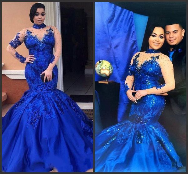 

2019 саудовская аравия royal blue пром платья с высоким воротом и обнаженной сеткой с длинными рукавами кружевные аппликации вечерние платья, Black