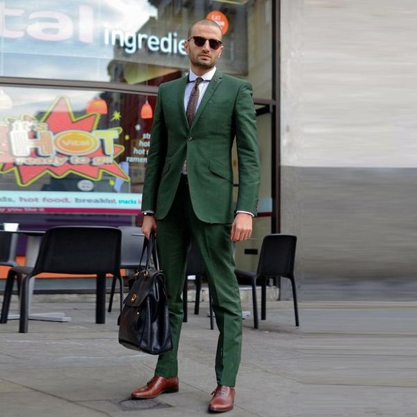 Smoking da uomo slim fit verde moda slim fit giacca da lavoro con un bottone abito su misura due pezzi abbigliamento da festa (giacca + pantaloni)