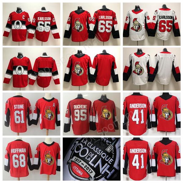 

2018 new style 68 mike hoffman jersey 100th 100 classic ottawa senators hockey 65 erik karlsson 41 craig anderson 95 duchene 61 mark stone, Black;red