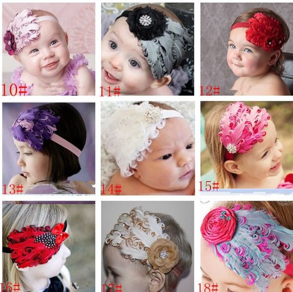 Accessori per capelli per bambini 2014 nuove piume di struzzo fiocco esagerato accessori per capelli per bambini fasce per capelli nastro Natale, 20 pezzi,