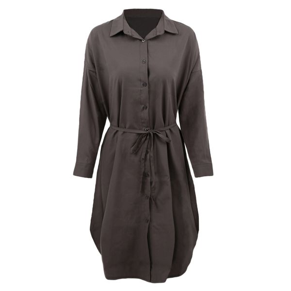 

2018 new women midi shirt dress turn down collar long sleeve dress button placket side slits casual office grey/white, White;black