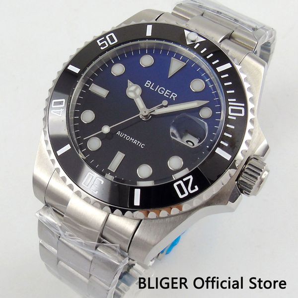 

sapphire crystal bliger 43mm black blue dial black ceramic bezel luminous marks miyota automatic movement men's watches b20, Slivery;brown