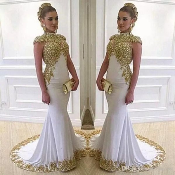 

2018 gold white high neck capped sleeves mermaid prom dresses crystals beaded appliques vintage evening dresses vestidos de noche, Black