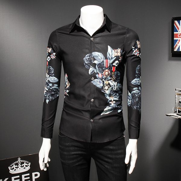 Fashion Trend Black Flower Shirt Men 2018 Spring Floral Print Shirts  Clothes Casual Business Hawaiian Long Sleeve Shirts