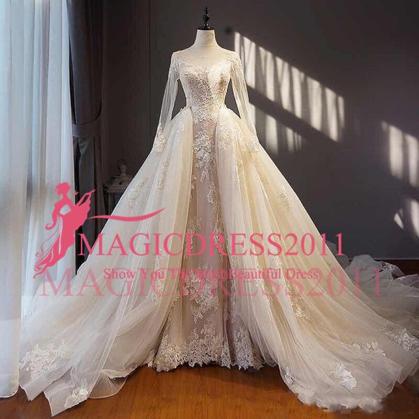 Abiti da sposa modesti Zuhair Murad con gonna staccabile Abiti da sposa in pizzo a maniche lunghe trasparenti Immagine reale Abiti da sposa con corsetto posteriore