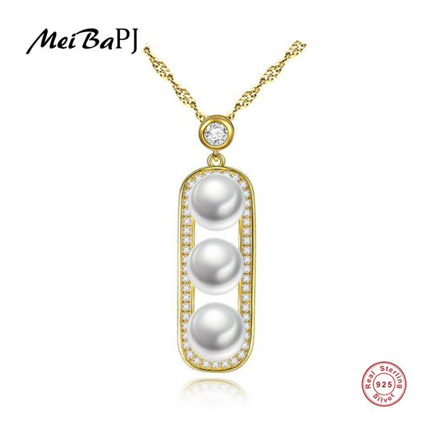 

meibapj]real freshwater pearl 3 beads peanut pendant necklace 925 solid silver golden fine jewelry for women