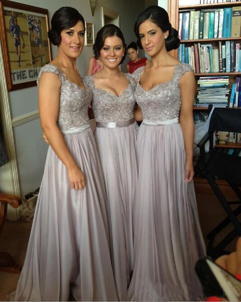 

Silver chiffon lace Maid Of Honor Dresses 2019 New Big Discount cap sleeve long Bridesmaid Dresses formal dresses with ribbon Robe de soiree