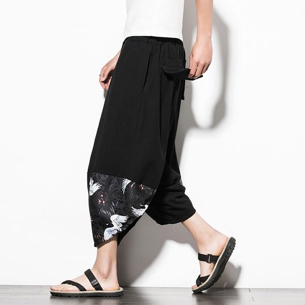 

2018 chinese wide leg cotton linen trousers men pantaloni uomo casual plus size 5xl patchwork pantalon lino hombre calf length, Black