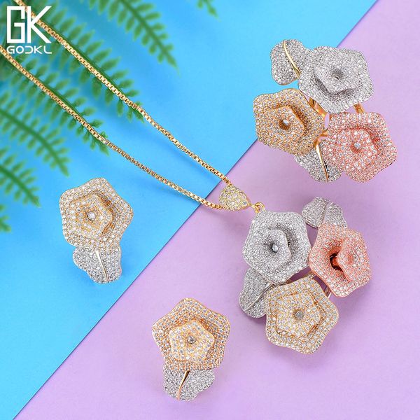 

godki flower nigerian cubic zircon ring necklace earring jewelry sets for women wedding dubai bridal jewelry sets, Silver