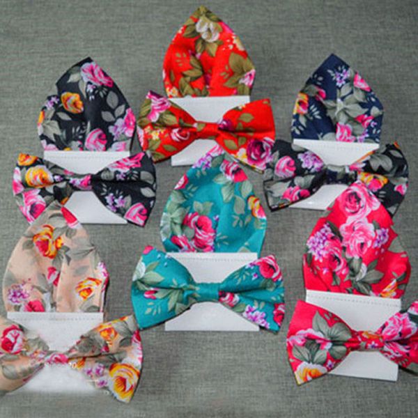 

floral printed men bowtie pocket square sets part casual adjustable 100% cotton bow ties hanky handkerchief lot, Black;blue