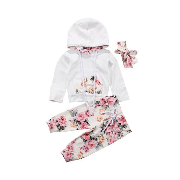 

2018 baby girls floral outfit clothes tracksuit white long sleeves hooded +leggings floral pants headband set