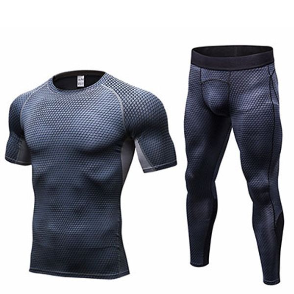 

men bodybuilding compression tracksuit fitness black running t-shirt pant legging men's sportswear demix gym sport suit, Gray
