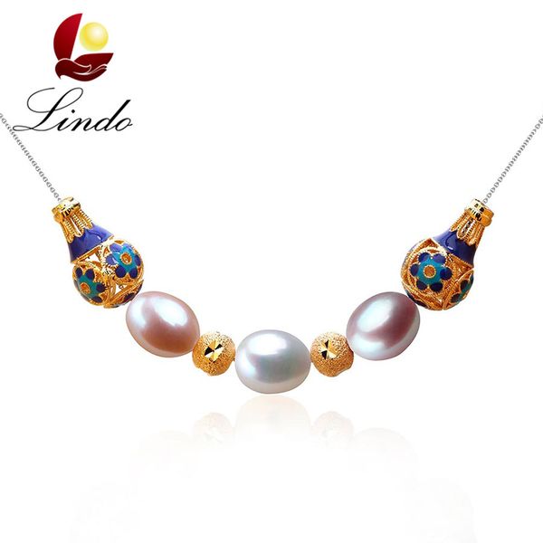 

lindo handmade silver 925 100% natural freshwater pearl necklace pendant women fashion cloisonne gold color jewelry