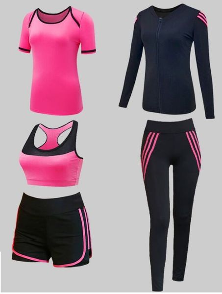 

fitness suit sports gym woman fitness set women's clothing gym sportswear sport tracksuit jacket+bra+t shirt+shorts+legging xxl, White;red