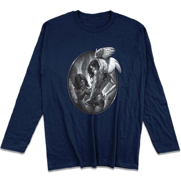 

funny angels black art tattoo ink skull t-shirt men cotton long sleeve t shirt hip hop tees harajuku streetwear, White;black
