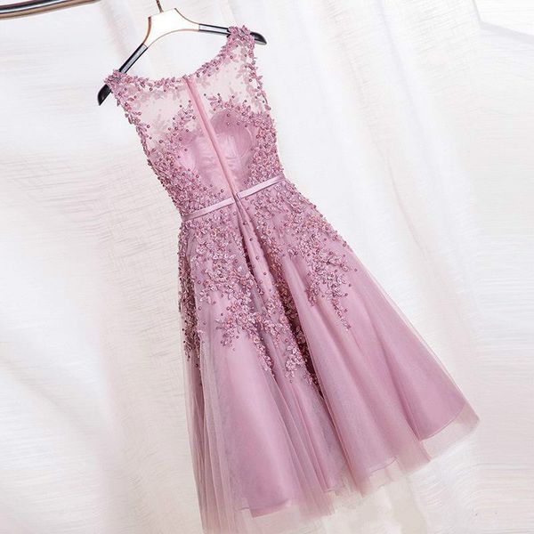 

sweety beaded knee length crepe scoop cocktail dress crew neck lace applique formal homecoming dresses graduation gowns bridesmaid dress, Blue;pink