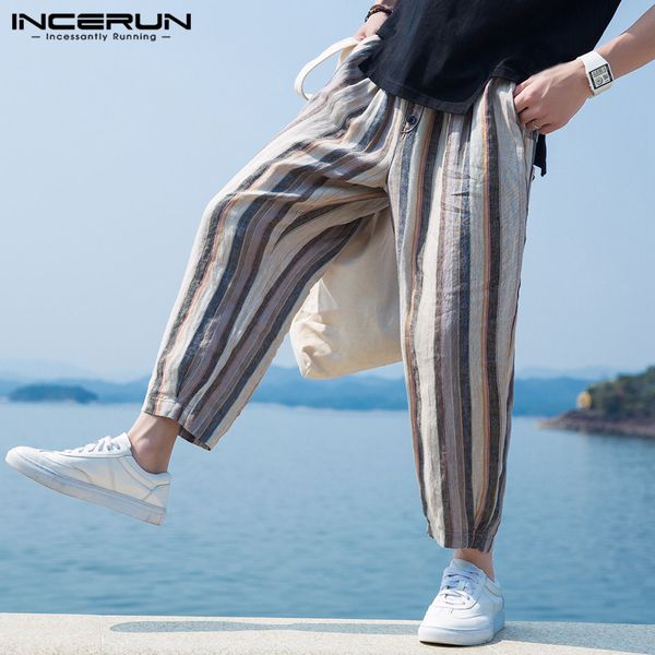 

incerun 5xl streetwear casual men pants loose baggy calf length harem pants trousers male hiphop wide legs stripe joggers, Black