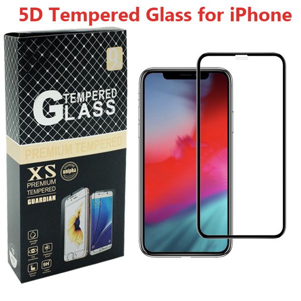 5D Закаленное стекло для iPhone Xs max xr 8 8plus 7 6s plus Полное покрытие Изогнутая кромка Высококачественная защитная пленка для экрана с тиснением Розничная упаковка