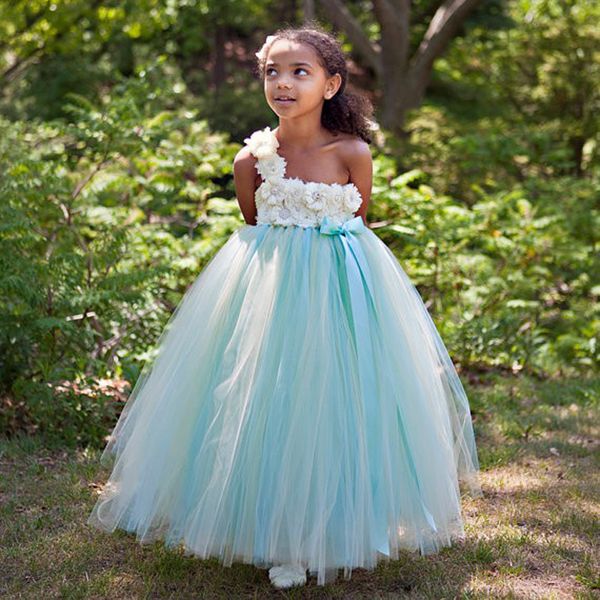 

one shoulder ankle length ball gown flower girl dresses sleeveless beads crystal with hand made flowers girls pageant dresses, White;blue