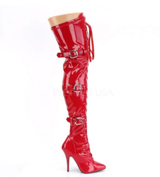 

women red/black patent leather pointed toe over the knee boots high heel buckles shoes motorcycle boots big size 35-43