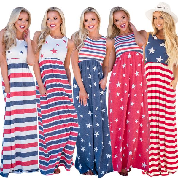 

summer beach sleeveless patchwork american independence day dresses red striped blue stars women dress prom dresses 5colors, White
