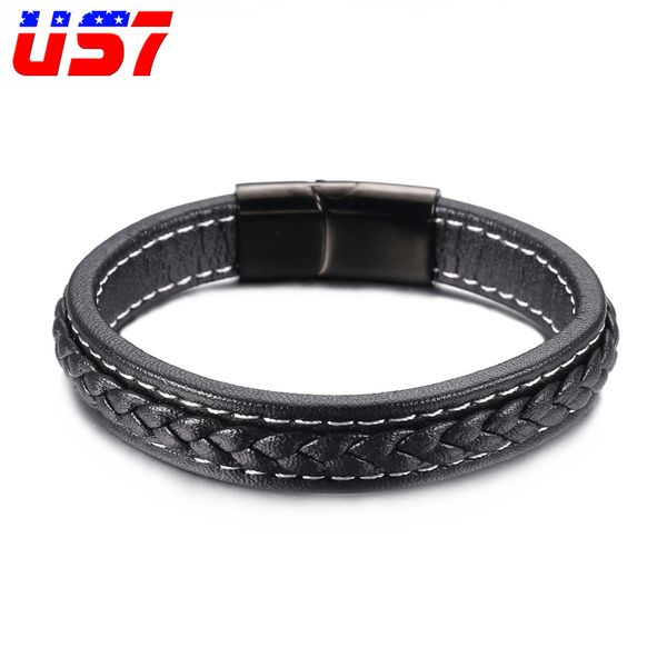 

us7 genuine leather punk black braided cool men bracelet stainless steel magnetic buckle bracelets bangles for men jewelry, Golden;silver