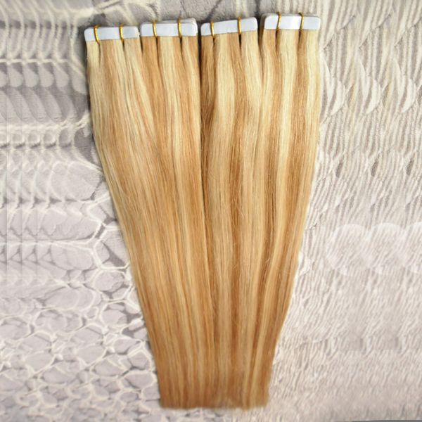 Farbe 27/613 Klebeband, Echthaar-Verlängerung, 80 Stück/Set, Remy-Klebeband-Haarverlängerung, doppelseitig, gerade Hauteinschlag-Haarverlängerung