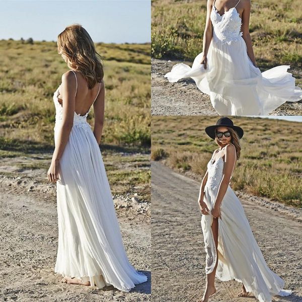 

2018 summer chiffon a-line beach backless bridal dress spaghetti straps lace appliques floor length wedding dress gowns custom made, White