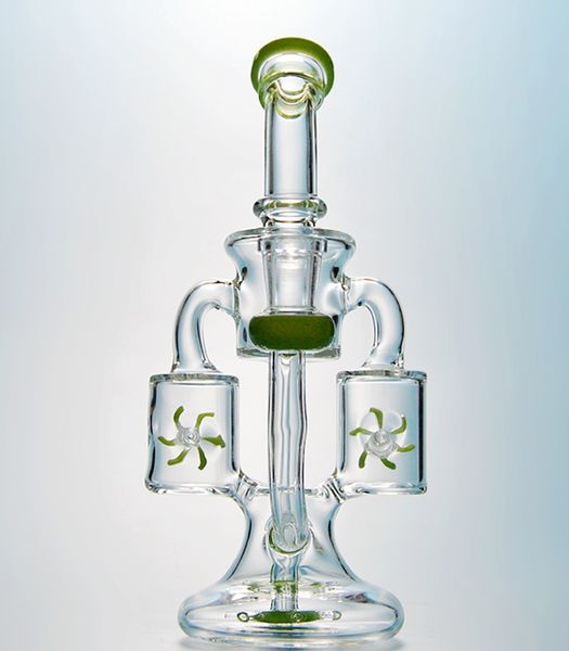 Unico Bong in vetro Doppio riciclatore Dab Rigs Elica Perc Percolatore Tubi per acqua in vetro inebrianti Verde viola Rig petrolifero Elica Pipa ad acqua XL167