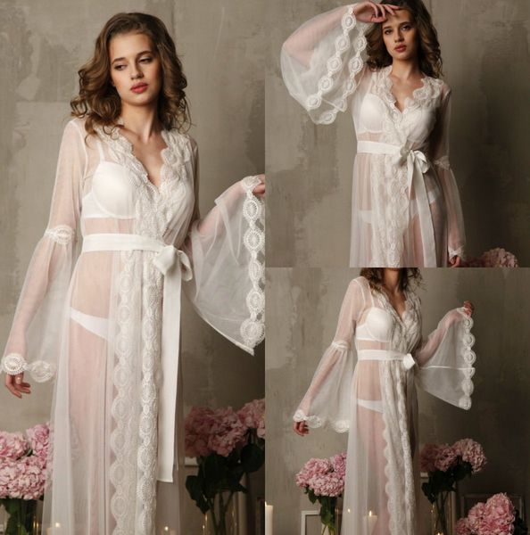 2019 Romantic Wedding Sleep Dresses With Long Sleeves Illusion Tulle Delicate Lace Applique Belt Floor Length Bridal Nightgowns Custom Made From