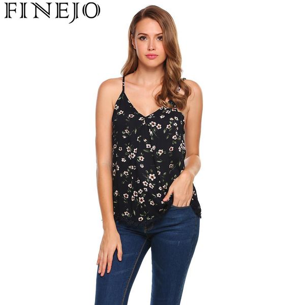 

finejo strap women v-neck floral camis loose casual lace decor, White