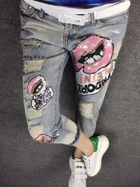 

lips sequins beading slim skinny jeans for women casual pattern trousers women denim jeans ripped pants size 25-31, Blue