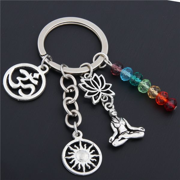 

1pc rainbow symbol keyring silver keychain yoga chakra key chains sun charms lotus ohm jewelry e1652