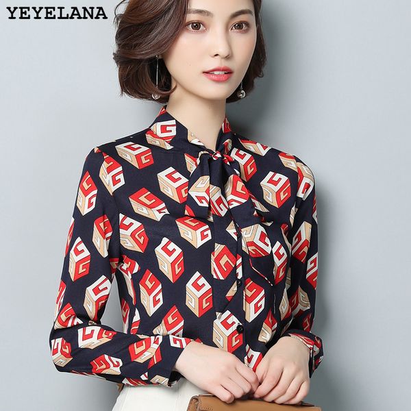 

yeyelana women blouses 2018 new spring casual chiffon printed blouse shirt stand collar long sleeve women chemise femme, White