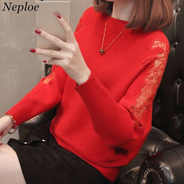 

neploe women pullovers and sweaters long sleeve lace hollow out jumper slash neck knitwear new arrival pull femme 36037, White;black