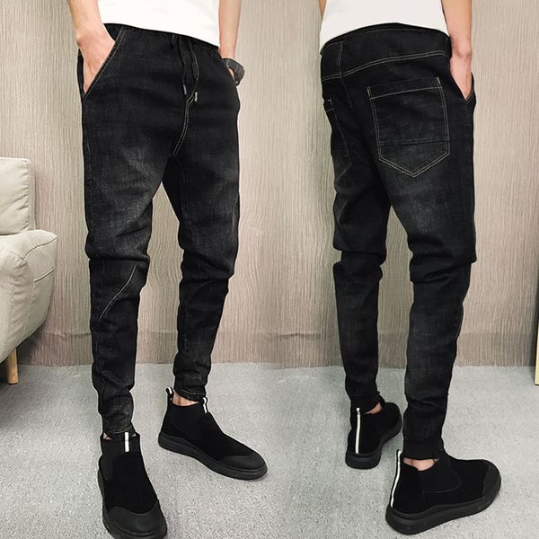 

2018 autumn new jeans elastic waist social spirit guys slim feet british wind fast hand red people trend casual pants, Blue