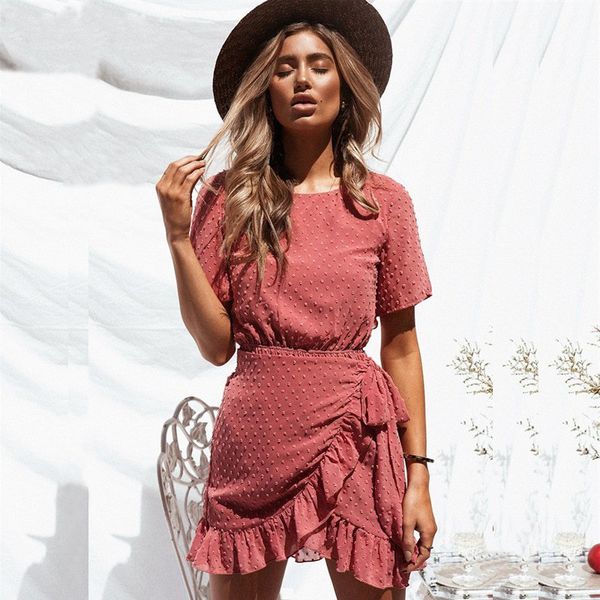 

yinlinhe red polka dot beach dress summer short sleeve backless chiffon dress women lace up bohemian slim ruffles vestido 611, White;black
