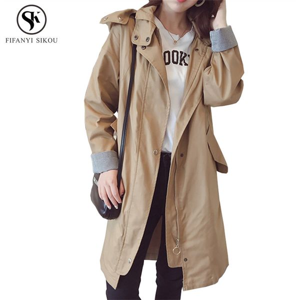 

korean women's hooded long trench coat 2018 autumn fashion casual khaki zipper coat women windproof slim outerwear female lgp761, Tan;black