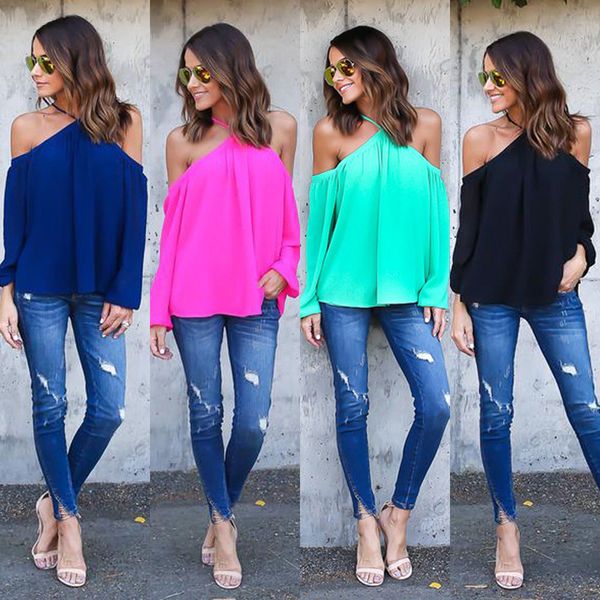 

в европейском стиле sexy shirts halter chiffon t-shirt women tops long sleeve blouse черная роза bare плечи топы, White