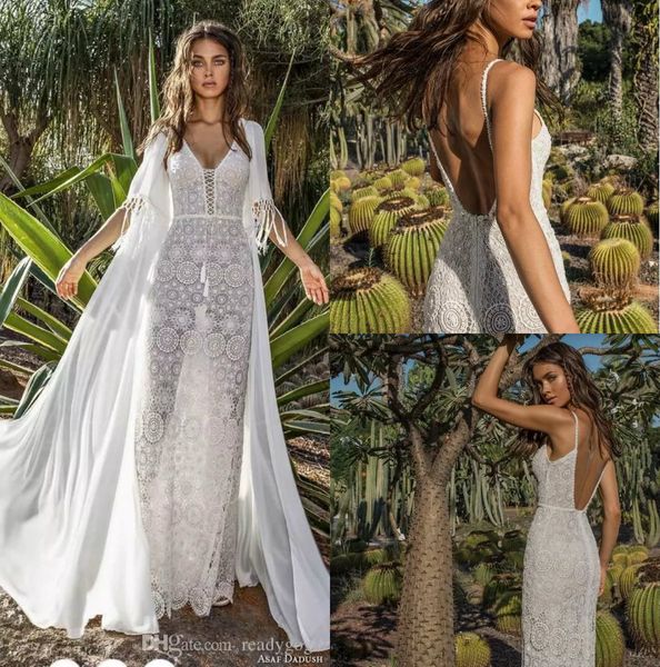 Asaf Dadush Abiti da sposa a sirena con giacca avvolgente Abiti da sposa vintage in pizzo all'uncinetto con spalline senza schienale Boho Tromba Abiti da sposa