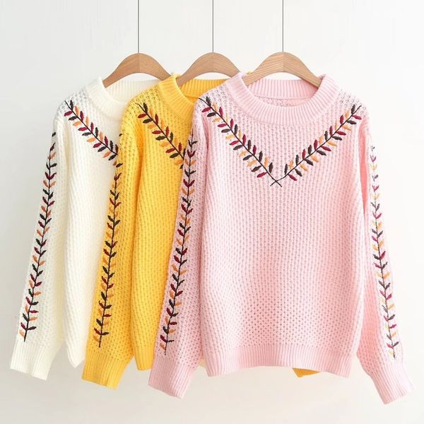 

spring autumn winter women's fashion leaf embroidered sweater ladies casual sweater long sleeve loose pullover knitwear sweater coat, White;black