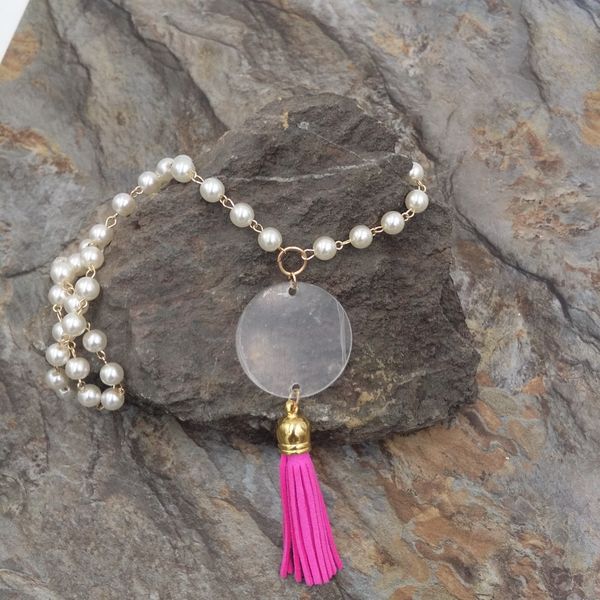 

wholesale diy handmade pearl necklace vinyl transparent acrylic disc tassel pendant chain, Silver